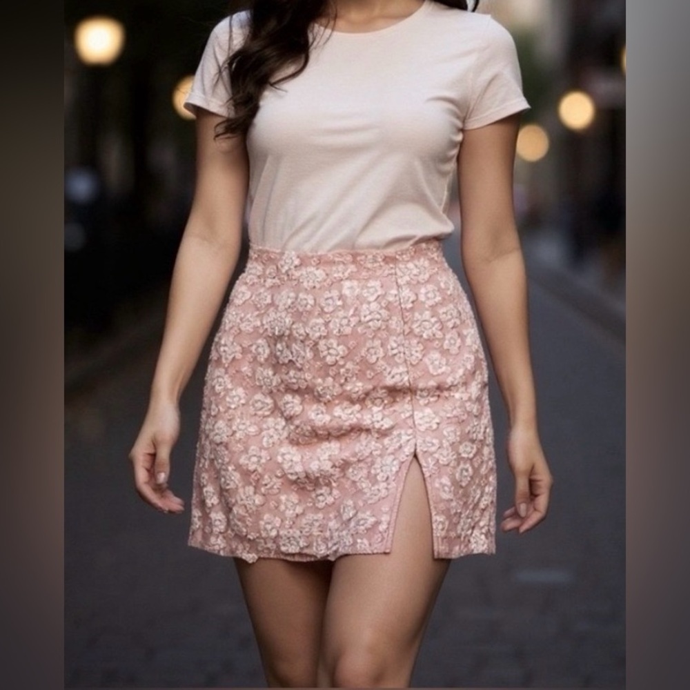 Floral Brocade Pink Mini Skirt